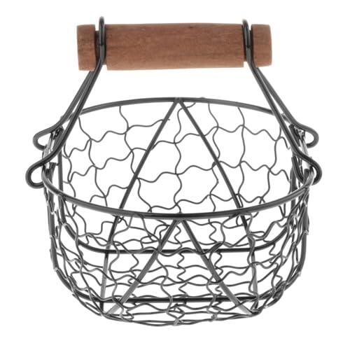 PUXZYAX Elegante cesta de frutas, pan, expositor de metal, malla de hierro, cesta rústica para guardar verduras con mango de Para madera, estante de cocina, accesorios , Negro , 18 x 12 x 12.5 cm