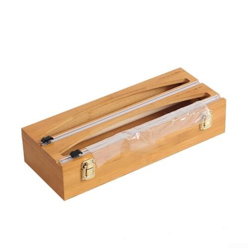 Durashmall Organizador de papel de aluminio de madera y plástico con estante de almacenamiento de cocina integrado para montaje en pared para rollos de película de aluminio, soporte dispensador de