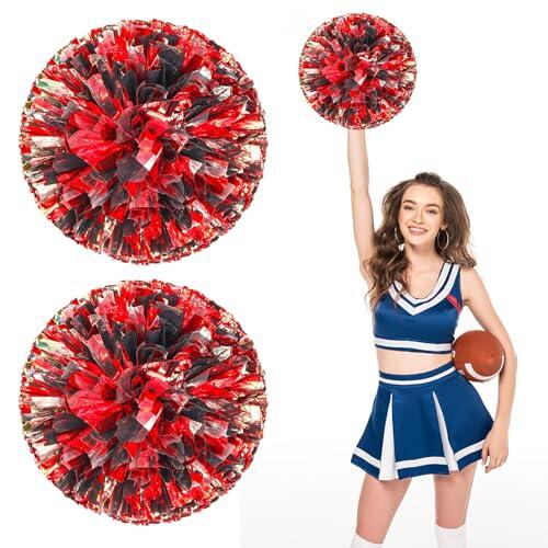 Pompones de porristas, 10 piezas, con mango de cuatro dedos. juegos de animación, fiestas y baile para adultos. Pompones de porristas y para deportes. (Negro + Rojo + Plata)
