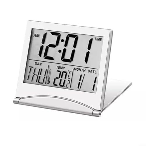 Glewi Reloj despertador digital de viaje con pantalla LCD grande, funcionamiento silencioso, 8 melodías y termómetro, diseño portátil de metal blanco para el hogar