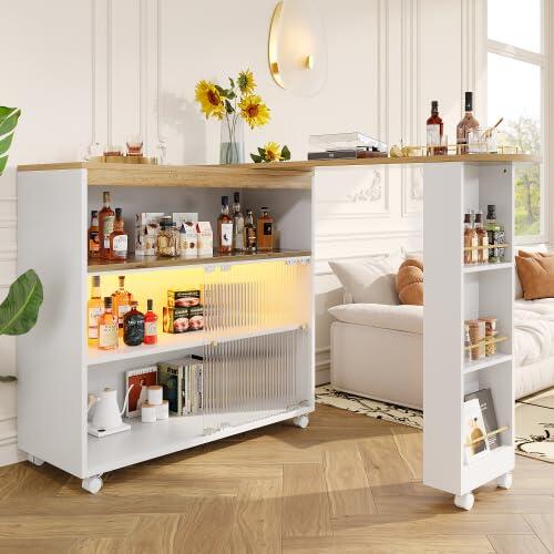Merax Mesa de bar extensible con LED, mesa alta giratoria y espacio de almacenamiento, isla de cocina con bar/mostrador, mesa de comedor extensible 138-204 × 39 × 105 cm, estilo aparador, moderno y