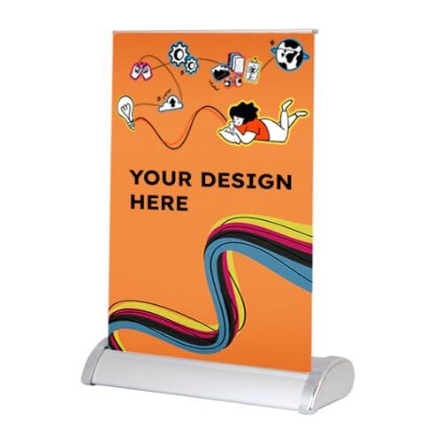 Copykrea – Mini Roll Up personalizado en A4 (21x29,7 cm) | Expositor publicitario de sobremesa con impresión incluida | Estructura retráctil en plateado