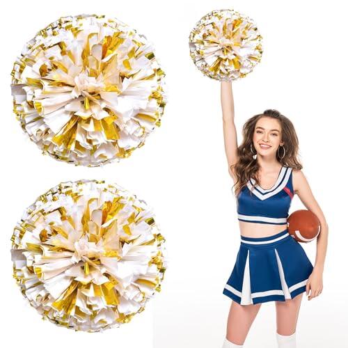 Pompones de porristas, 10 piezas, con mango de cuatro dedos. Pompones de mano para equipos deportivos, juegos de animación, fiestas y baile para adultos. (Oro + blanco)