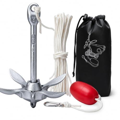 Jinfanshurich Anclaje plegable de 1,5 kg, juego de anclajes para barco, ancla SUP de 20 m, plegable, kayak, canoa, barco inflable, moto acuática, acero al carbono, galvanizado en caliente, con boya y