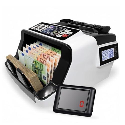 Contador y detector de Billetes falsos de Denominación Mixta Maquinas para Contar Billetes Mixtos con 8 Veces Preciso EUR, USD, GBP Cuenta 1000 Billetes por minuto. Detección UV, MG, MT, IR.