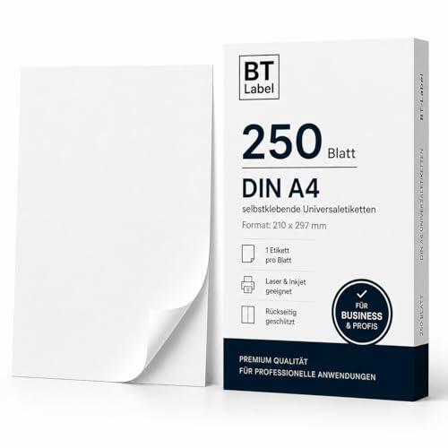 BT-Label 250 hojas A4 universales 210 x 297 mm autoadhesivas para impresoras láser y de inyección de tinta