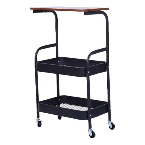 Luocute Carro Rodante de 3 Niveles, Carro Utilitario de Metal Resistente con Mesa de Madera y 4 Ruedas con Cerradura, Organizador de Almacenamiento Móvil para Cocina, Oficina,