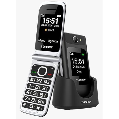 Funker C250 Comfort Power 4G - Teléfono Móvil de Tapa para Mayores, Base de Carga, Teclado de Alto Contraste, Botón SOS, Fácil de Usar, 3 Memorias Directas, Batería de 1450 mAh, Negro