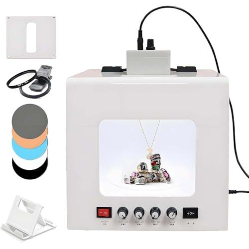 Kit de caja de fotografía profesional con rotación eléctrica de 360°, 4 luces de relleno, brillo ajustable de 3000 a 5500 K, mini caja de luz de estudio fotográfico para colgar o colocar
