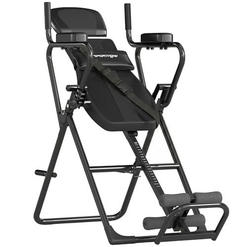 SPORTNOW Banco de inversión plegable ajustable 3 en 1, tabla de inversión gravitacional con barra para flexiones y dominadas, reposacabezas, cinturón de seguridad, alivio del dolor de espalda