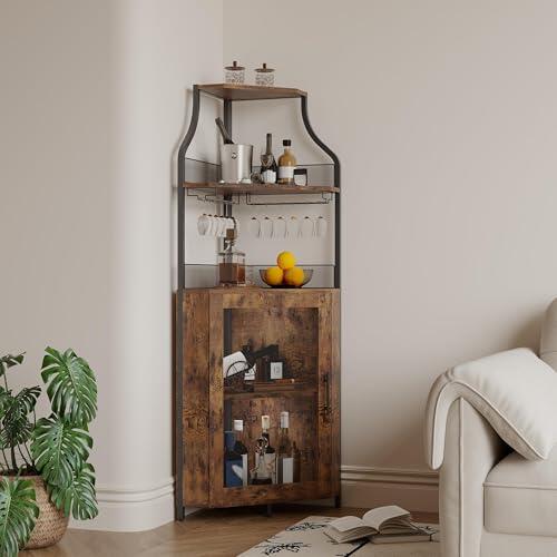 Litake Mueble Bar esquinero Industrial con Luces LED - Botellero Ajustable y Porta Copas - Aparador de 5 Niveles con Puerta de Malla salón, Comedor o Cocina - Color clásico con luz