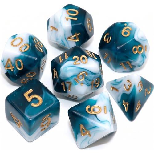 Lote De 7 Dados Poliédricos para D&D Dungeons and Dragons, Dados D20, D12, D10, D8, D6 Y D4 Blancos, Turquesas Y Transparentes, Accesorios para Tablero, Fantasía, Veladas De Juegos De Mesa