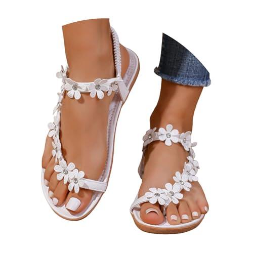 Sandalias planas bohemias para mujer, sandalias planas de verano para mujer, sandalias bohemias con cuentas de diamantes de imitación, sandalias de clip para la puntera en T, sandalias elásticas al