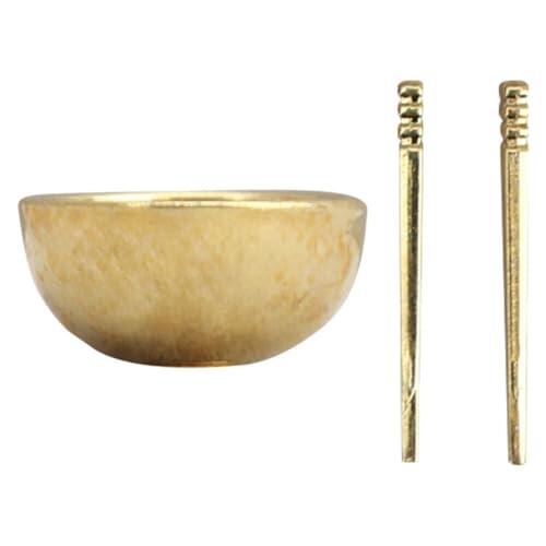 Juego de 3 utensilios de cocina de aleación a escala 1: 12, cuenco pulido, palillos, accesorios para escenas de cocina en miniatura, cuenco de metal a escala, palillos, figura modelo para arreglar