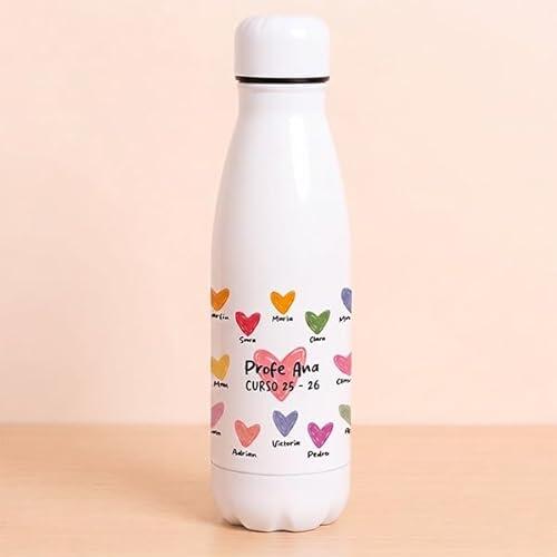 Transparent Gift Botella Corazones Personalizada para Profesores. Botella con Nombres de Alumnos. Regalo Original Fin de Curso. Regalos Personalizados para Maestros y Maestras.