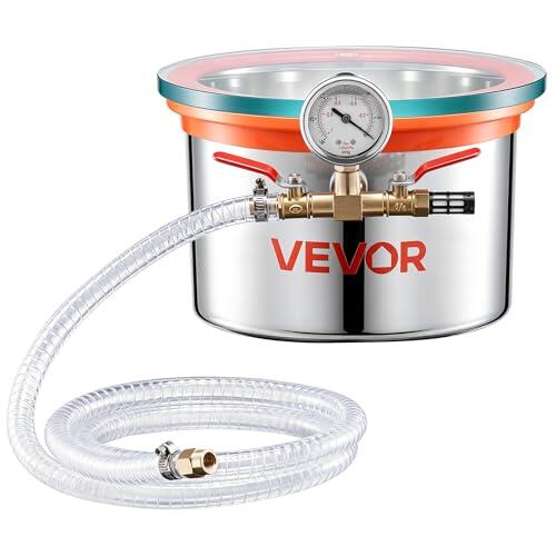 VEVOR Cámara de Vacío de 5,7 L, Cámara de Desgasificación al Vacío de Acero Inoxidable con Tapa de Vidrio Templado, Manguera, Filtro de Aire, para Fundición de Resina, Estabilización de Madera