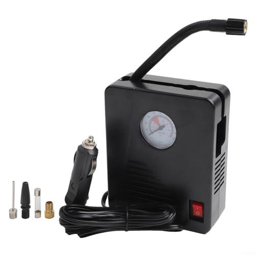 Bomba de aire portátil para coche, 12 V, 96 W, inflador eléctrico de neumáticos con luz LED y manómetro, 0-100 PSI, incluye 3 boquillas para coches, bicicletas, pelotas, diseño compacto, color negro