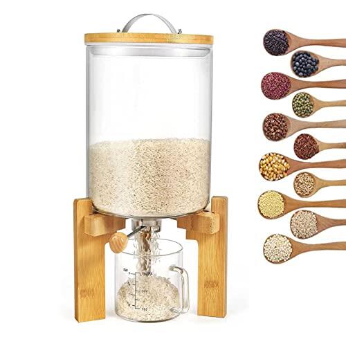 Genérico 5L 8L Dispensador de arroz con Bamboo Stand, Contenedor de Cereales de Vidrio para la organización de Cocina, Incluye Measuring Cup y Control de Valve para Almacenamiento Fresco