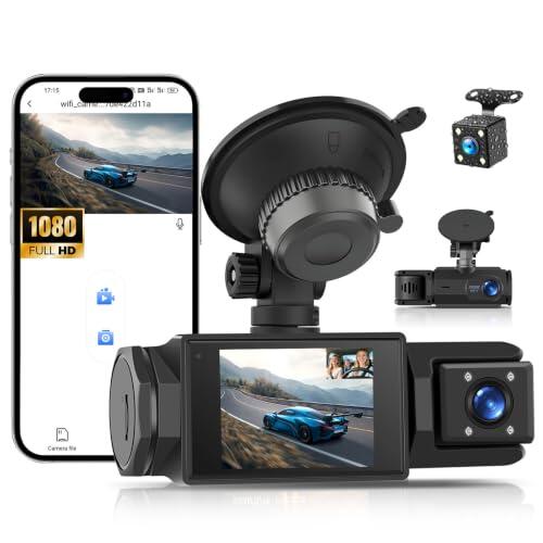 GOHHDL Cámara para salpicadero de 3 Canales con resolución 1080p (Delantera, Trasera e Interior), cámara con Control Mediante aplicación, visión Nocturna por Infrarrojos y Asistente de Aparcamiento