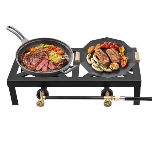 Hornillo de gas de 2 quemadores de hierro fundido, cocina de propano para exteriores con 2 quemadores, doble fogón, hornillo de camping con regulador de presión, manguera de 5 psi, potente estufa de