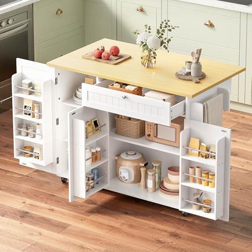 Merax Isla de cocina móvil con encimera plegable, carrito de cocina con ruedas con armario de almacenamiento y cajón, mesa de bar con 3 estantes para puertas, estante para especias y toallero, 120 x