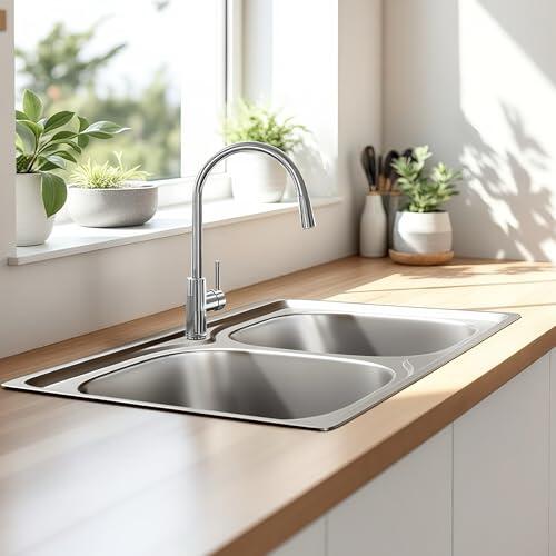 Melanstar Fregadero empotrable de acero inoxidable, 1 lavabo con escurridor, montaje a ras con desagüe (doble fregadero 8050)