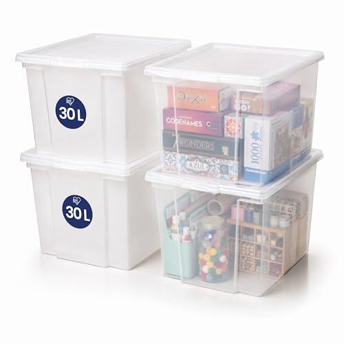 Iris Ohyama, caja de almacenamiento con tapa, 30L, juego de 4, transparente, cierre fácil, apilables, de plástico transparente, para vestidor, estantes, garaje, organización, ropa, USB-M