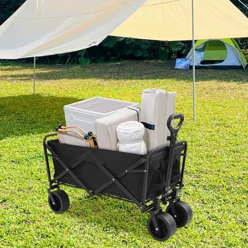 Carrito de playa plegable de 115 kg, apto para jardinería, compras y camping, negro, con 4 ruedas y compacto plegable, color negro