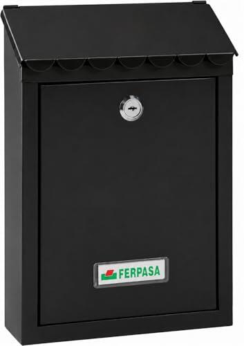FERPASA® - Buzón Exterior de Pared con Cerradura y Llave - Acero Termolacado Resistente a la Lluvia - Buzón para Cartas A5 - Incluye Tornillos de Instalación (Negro)