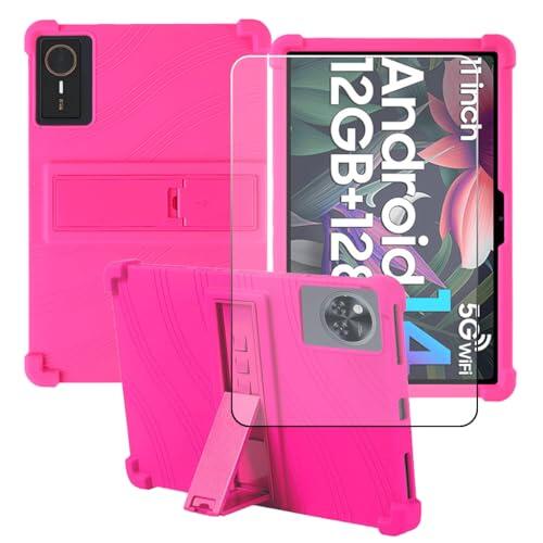 CongJiaLingXi Funda para Tablet UBDXBD K70 10.0 Pulgadas + Protector de Pantalla Vidrio Templado, Suave Carcasa con Función de Soporte Silicona Case, Rojo Rosa