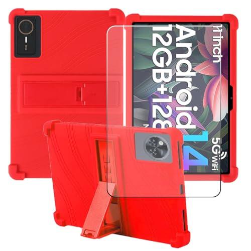 CongJiaLingXi Funda para Tablet APPAPK P10 10.0 Pulgadas + Protector de Pantalla Vidrio Templado, Suave Carcasa con Función de Soporte Silicona Case, Rojo