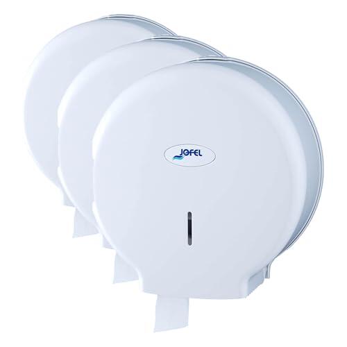 Jofel - Portarrollos de Papel Higiénico Industrial Mediano, Dispensador de Papel en Rollos 300m, 220mm Diámetro, Mandril 45mm, Ideal Baños Públicos, Carcasa ABS, Valor AE57000 Blanco (Paquete de 3)