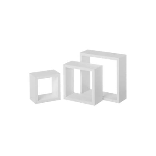 JUANIO Juego de 3 Estantes de Pared Cuadrados, Estantería de Cubo Flotante Apilables de 3 Tamaños Diferentes,Madera MDF Blanco, para Salón-Longitud 25 x Profundidad 25 x Altura 9 cm