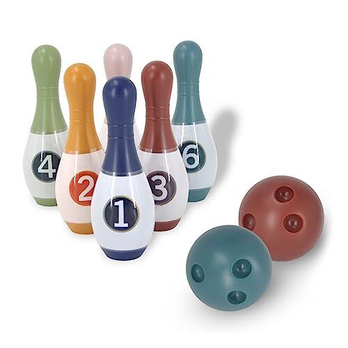 VGEBY Juego de Bolos para Niños, 6 Bolos y 2 Bolas, Juguete Educativo de Plástico Colorido para Juegos de Interior y Exterior, con Habilidades Motoras Mejoradas e Interacción Social