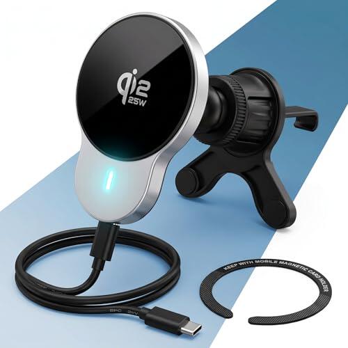 PORTENTUM Cargador inalambrico Coche Qi2.2 25W Certificado en 2026 – Refrigeración Activa – Potentes imanes N52 – Soporte magnetico movil Coche y Cable USB-C 60W – Compatible con MagSafe, iPhone y Qi