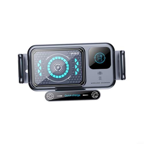 Glomc Soporte de cargador de coche inalámbrico giratorio automático, soporte de teléfono de carga rápida con diseño 2 en 1, retrato de un solo toque a paisaje, ajuste, ABS negro