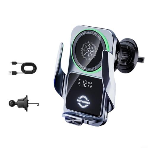 Glomc Soporte inalámbrico para teléfono de coche de 15 W con refrigeración de semiconductores, pantalla digital de temperatura, estación de carga rápida para dispositivos móviles compatibles mientras
