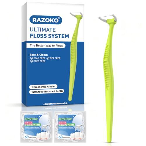 Juego de hilo dental reutilizable, 1 mango largo verde y 120 cabezales de | Hilo dental resistente a desgarros de alta resistencia, libre de PTFE y PFAS, mango ergonómico antideslizante