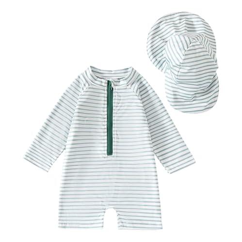 Generisch Traje de baño de manga larga para niños, protección UV 50+, con sombrero a juego para bebés, niños pequeños y niños, ideal para playa, piscina y juegos acuáticos, verde, 3-6 meses