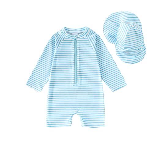 JENJON Traje de Baño de Una Pieza de Manga Larga para Bebé Niños Estampado con Cremallera Piscina Rashguard con Sombrero 2Pcs Infantil Ropa de Playa Rayas Azules 12-18 Meses