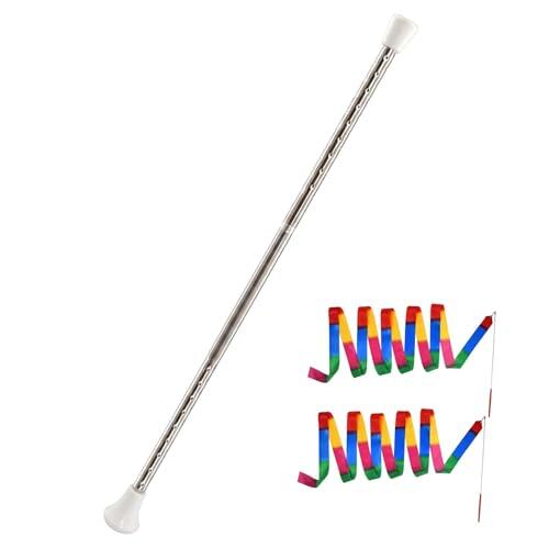 Ameble Bastón de Acero Inoxidable de 21 Pulgadas para Girar con Asas Antideslizantes y 2 Cintas Coloridas, Varita de Gimnasia para niños Adultos, espectáculo de Danza, Banda de Marcha