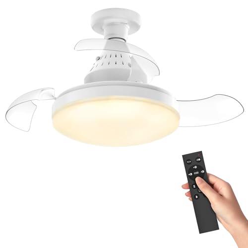 Ventilador de techo de 40 cm con luz E27 a distancia, 3 aspas invisibles, 4 velocidades, 3 temperaturas de color 3000-6500 K, funcionamiento silencioso, 30 W 2400 lm para dormitorio, salón cocina
