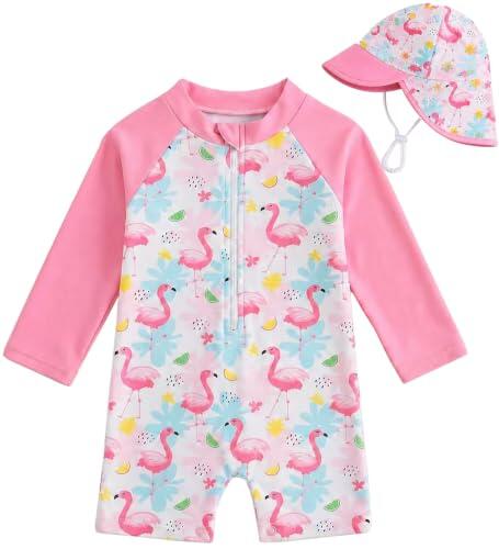 Traje de Baño para Niñas Pequeñas, Bañador de Una Pieza con Cremallera y Gorro Solar, Manga Larga Protección UPF 50+, Ideal para la Playa y la Piscina -Flamenco Rosa-18-24 Meses