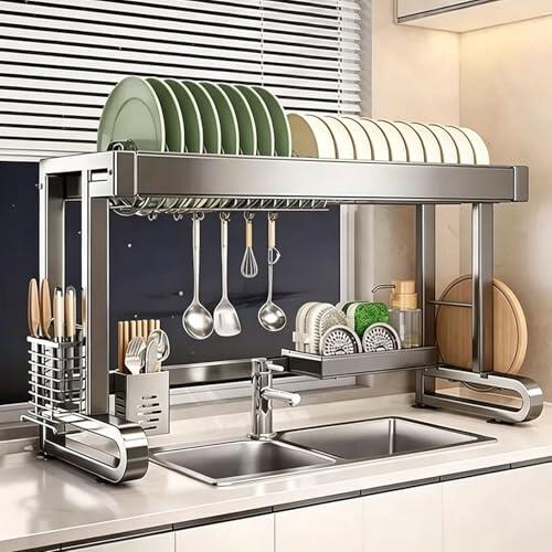 BEBANE Escurreplatos sobre el Fregadero de Acero Inoxidable 304, Altura Ajustable, Ahorro de Espacio, Adecuado para el Fregadero de la Cocina, Ideal para secar Platos(Single Layer,76cm/29.9in)