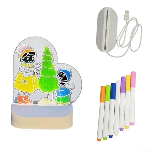 HomeVortex Tablero de dibujo acrílico para niños, con luz nocturna cálida, almohadilla de arte creativa alimentada por USB, con 7, bolígrafos, formas verticales de corazón redondo, decoración de