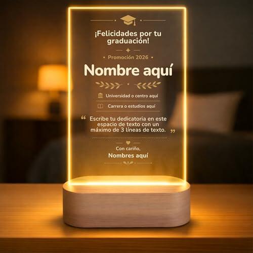 Lámpara graduación personalizada - Regalo graduacion personalizado con placa, fotos, nombre y curso 2026 para infantil, primaria, ESO, bachillerato, universidad - Varios modelos disponibles