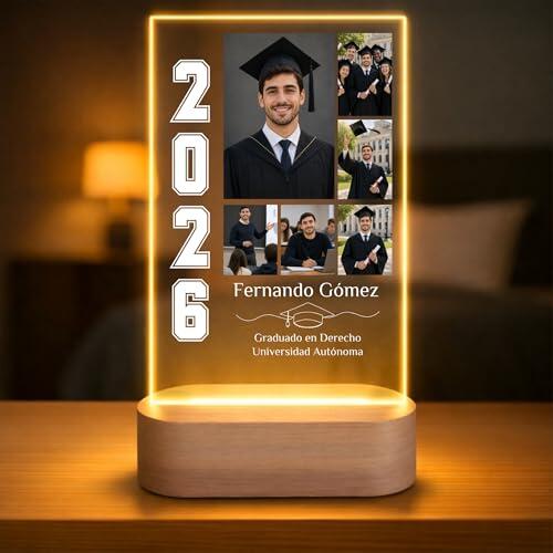 Lámpara personalizada graduacion - Regalo graduación personalizado con placa, fotos, nombre y curso 2026 para infantil, primaria, ESO, bachillerato, universidad - Varios modelos disponibles