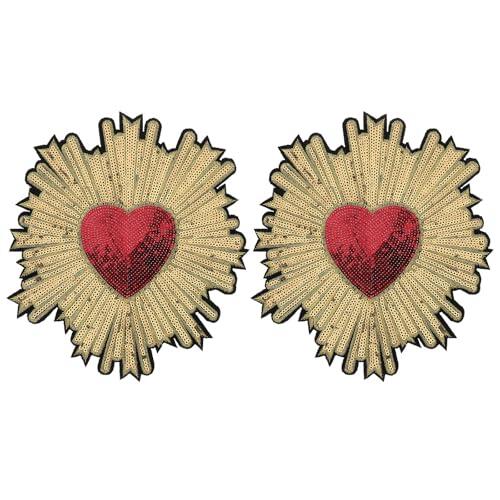MERRYHAPY 2 Piezas de Parche Bordado de Corazón de Melocotón Beige, Lentejuelas, Adhesivo, para Reparación de Ropa y Decoración Artesanal