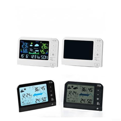 Estación meteorológica con pantalla LCD a color con monitor de temperatura interior y externo, y reloj despertador para uso en el jardín en el hogar, color blanco (777 negro)