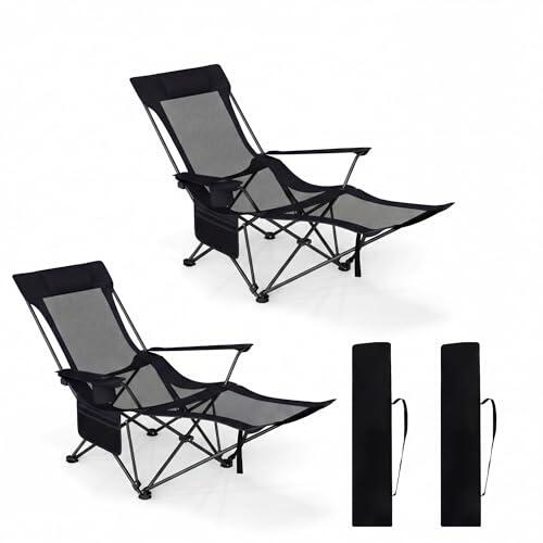 GOPLUS Silla Camping Ligera, 150 kg, Sillas Playa Reclinable de 4 Posisiones con Reposapiés Extraíble y Ajustable, Portavasos, Malla Transpirable y Bolsa de Transporte, Chair de Paseo para Jardín